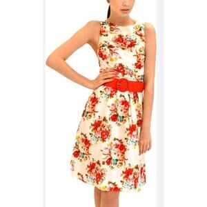 Alice + Olivia 100% Silk Floral Fit & Flare Dress Sz 2 Red Blossoms Keyhole Back